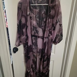 BCBGeneration Sheer Floral Kimono Robe in Lavender and Plum